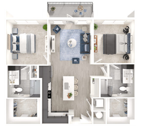 Floor plan for 2 beds, 2 baths, 1045 sqft